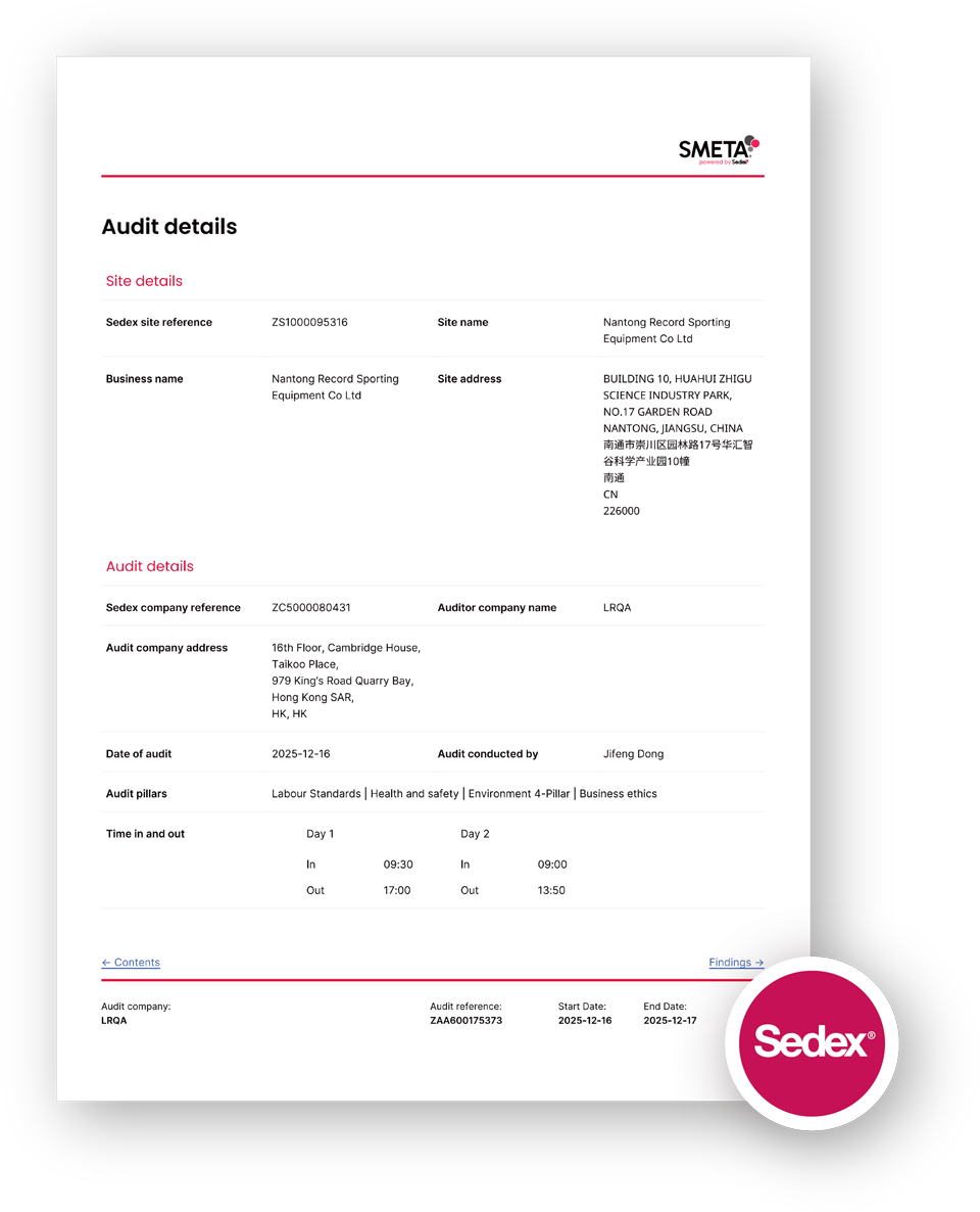 PROESCE Sedex audit certificate