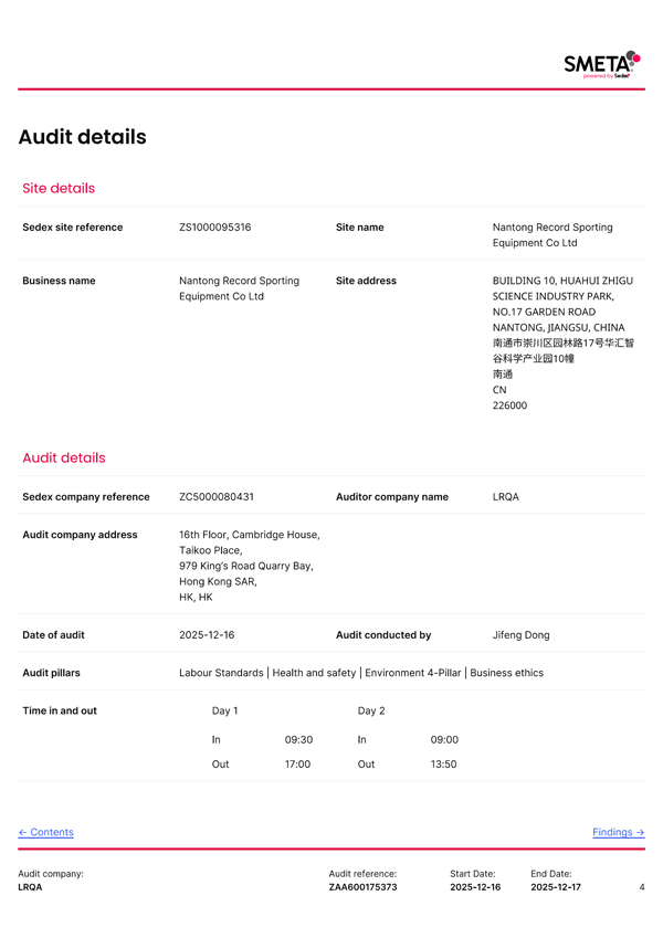 PROESCE Sedex audit certificate